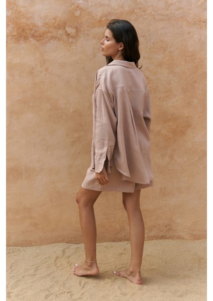 Gaelil Oversize Vizon Keten Gömlek Şort Takım fırsatları