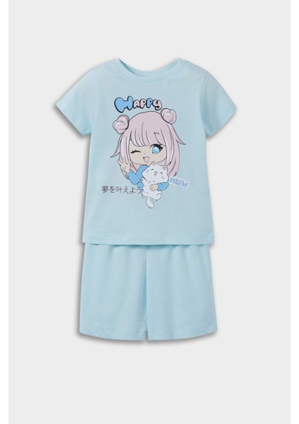 Kız Bebek Pijama Takımı Anime Baskılı Kısa Kollu Penye Üst Beli Lastikli Şort E1554A525HS