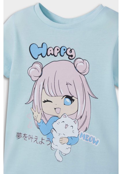 Kız Bebek Pijama Takımı Anime Baskılı Kısa Kollu Penye Üst Beli Lastikli Şort E1554A525HS