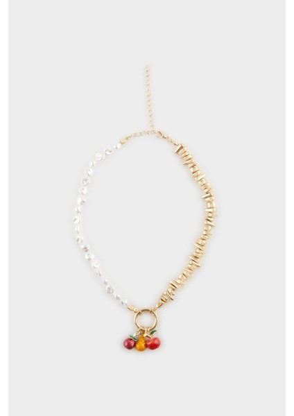 Kadın Kirazlı Charmlı İncili Gold Kolye F1058AXNS