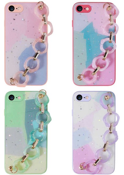 iPhone 7 Kılıf Simli Desenli El Askılı Tutacaklı F10T Elsa Silikon Kapak-Pembe