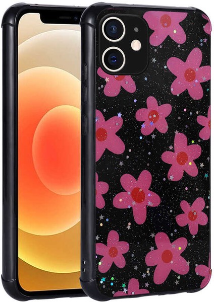 iPhone 12 Uyumlu Simli Desenli Kamera Korumalı Parlak F10T Popy Kapak-Çiçek