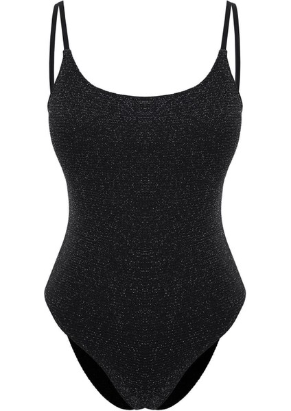 Kadın Moda Atma Kap Askılı Brief Yaka Siyah Simli Regular Mayo