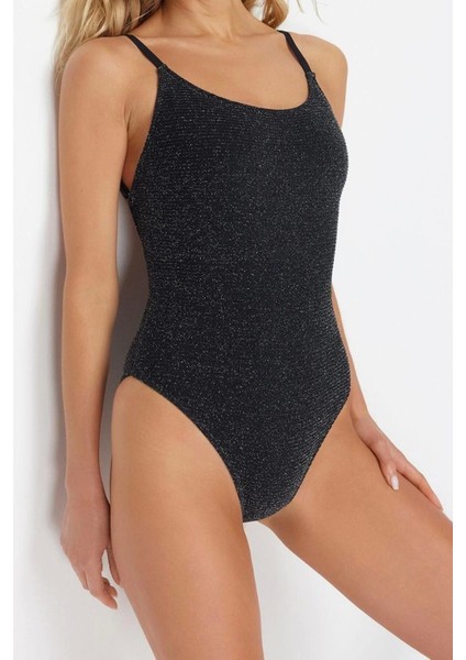 Kadın Moda Atma Kap Askılı Brief Yaka Siyah Simli Regular Mayo