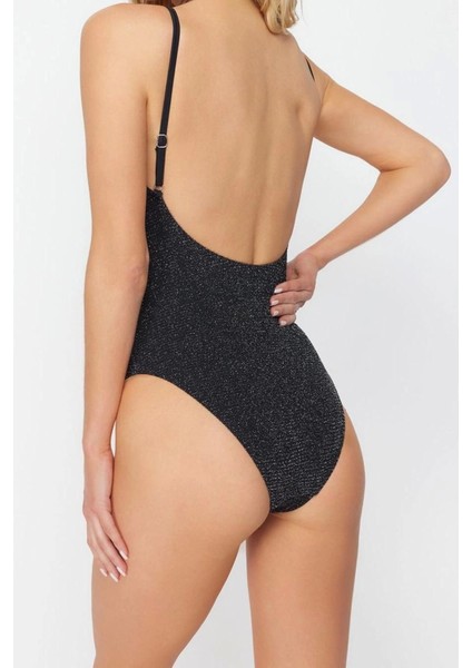 Kadın Moda Atma Kap Askılı Brief Yaka Siyah Simli Regular Mayo