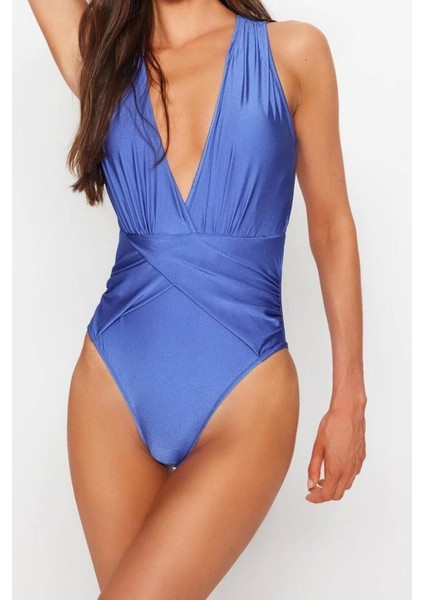 Kadın Moda Atma Kap Askılı Kruvaze Yaka Saks Derin Dekolteli Drapeli Regular Mayo fiyatları