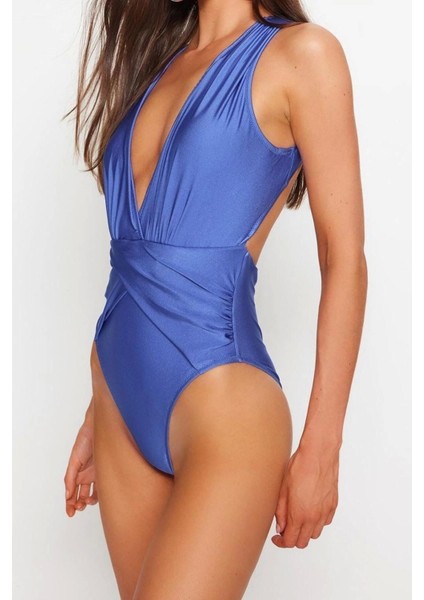 Kadın Moda Atma Kap Askılı Kruvaze Yaka Saks Derin Dekolteli Drapeli Regular Mayo fırsatları