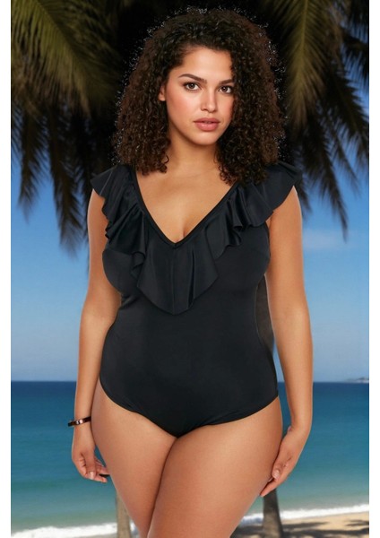 Tam Koruma Sağlayan Konforlu Plus Size Mayo Volanlı Tasarım Büyük Beden Rahat Kesim