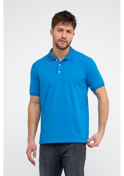 Erkek Düz Kısa Kollu Basic Uzun Petrol Mavi Polo Yaka Tişört