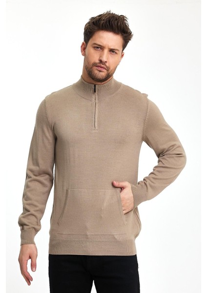 Erkek Kanguru Cep Yarım Fermuarlı Lacivert Triko Kazak