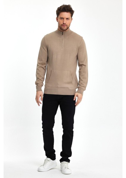 Erkek Kanguru Cep Yarım Fermuarlı Lacivert Triko Kazak modelleri