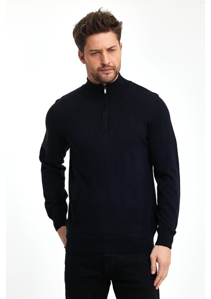 Erkek Kanguru Cep Yarım Fermuarlı Lacivert Triko Kazak