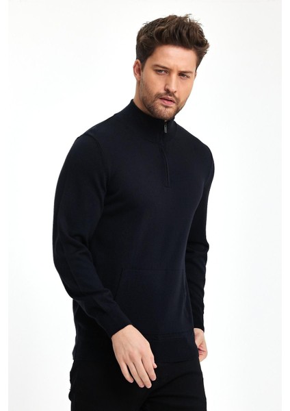 Erkek Kanguru Cep Yarım Fermuarlı Lacivert Triko Kazak modelleri