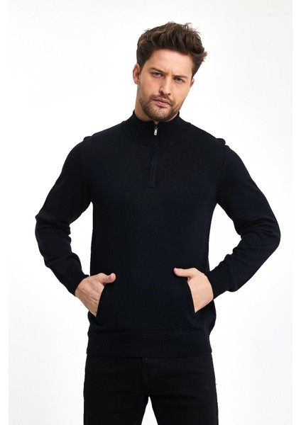 Erkek Kanguru Cep Yarım Fermuarlı Lacivert Triko Kazak fırsatları