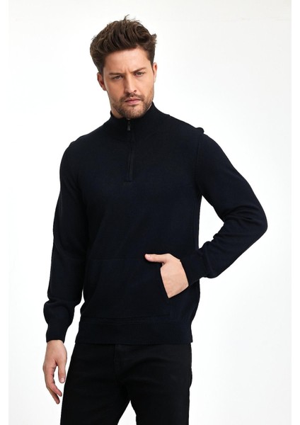 Erkek Kanguru Cep Yarım Fermuarlı Lacivert Triko Kazak indirimleri