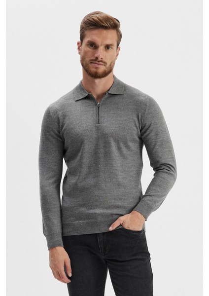 Erkek Fermuarlı Polo Yaka Triko Siyah