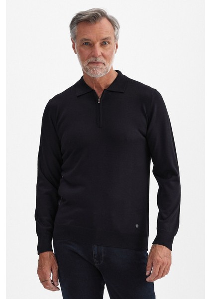 Erkek Fermuarlı Polo Yaka Triko Siyah