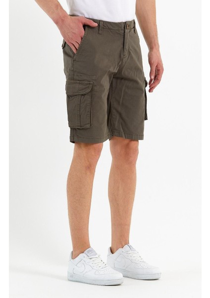 Erkek Pamuklu Bermuda Kargo Çok Cepli Petrol Şort