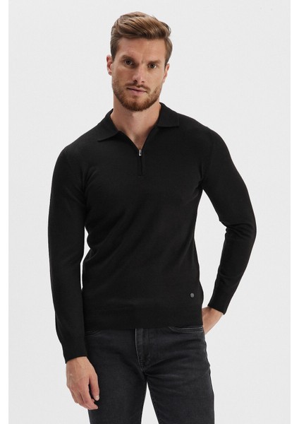 Erkek Fermuarlı Polo Yaka Triko Siyah