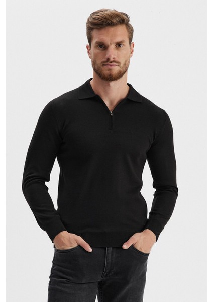 Erkek Fermuarlı Polo Yaka Triko Siyah modelleri