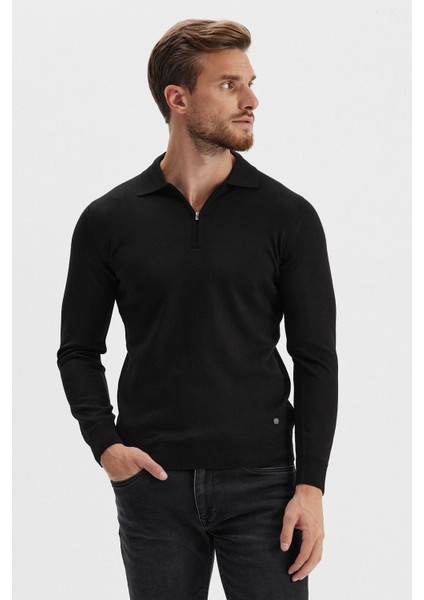 Erkek Fermuarlı Polo Yaka Triko Siyah fırsatları