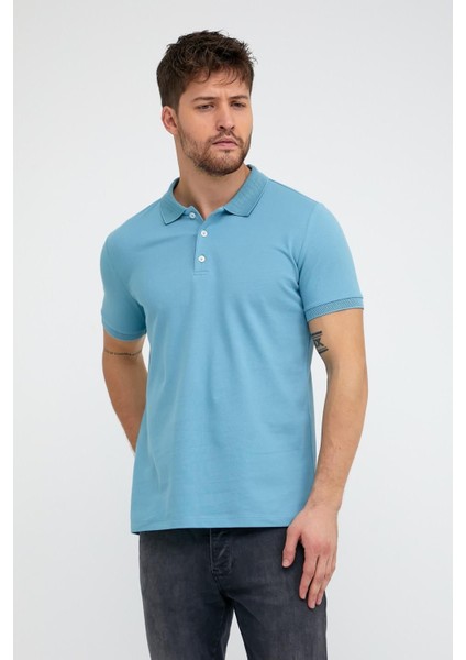 Erkek Düz Kısa Kollu Basic Uzun Buz Mavi Polo Yaka Tişört