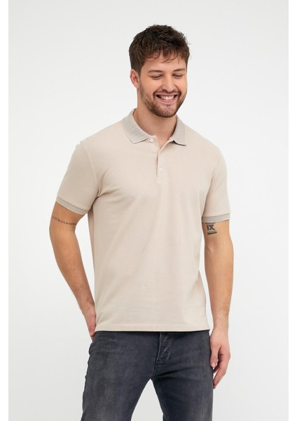 Erkek Düz Kısa Kollu Basic Uzun Bej Polo Yaka Tişört