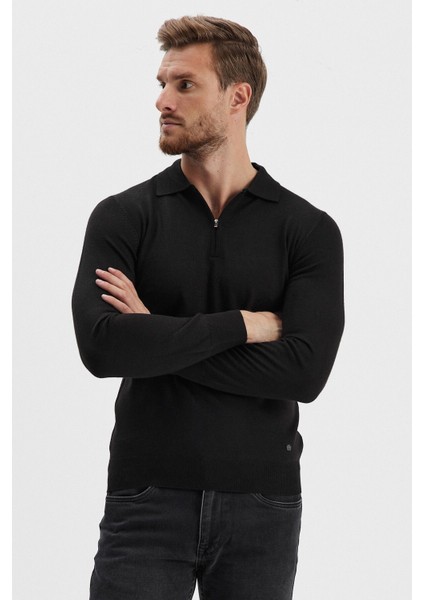 Erkek Fermuarlı Polo Yaka Triko Siyah indirimleri