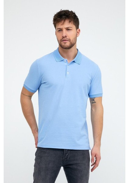 Erkek Düz Kısa Kollu Basic Uzun Buz Mavi Polo Yaka Tişört