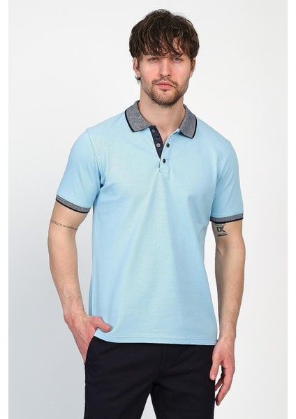 Erkek Basic Düz Kısa Kol Pudra Uzun Polo Yaka Tişört