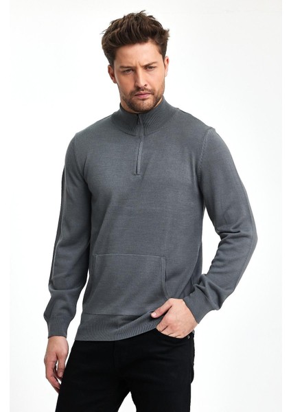 Erkek Kanguru Cep Yarım Fermuar Kışlık Gri Triko Kazak fiyatları