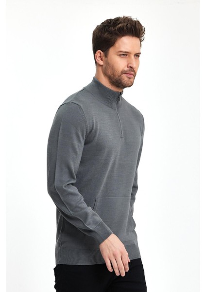Erkek Kanguru Cep Yarım Fermuar Kışlık Gri Triko Kazak fırsatları