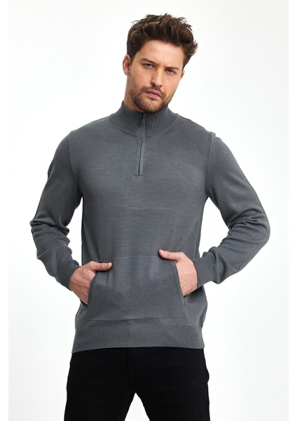 Erkek Kanguru Cep Yarım Fermuar Kışlık Gri Triko Kazak indirimleri
