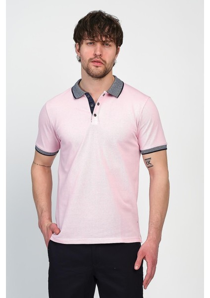 Erkek Basic Düz Kısa Kol Pudra Uzun Polo Yaka Tişört