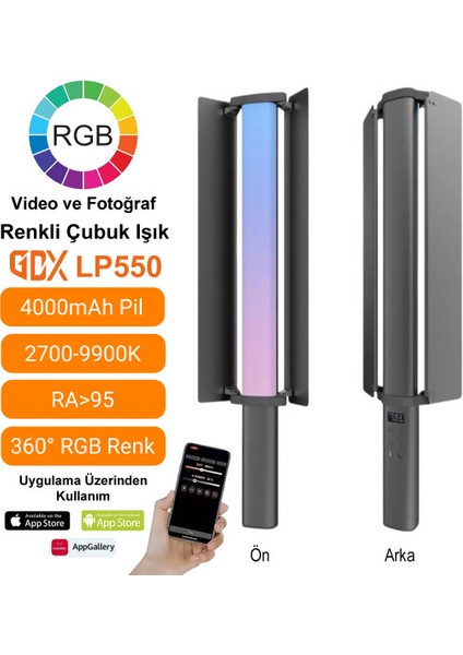 LP550 Rgb LED Şarj Edilebilir Fotoğrafçılık ve Video Için Renkli Işık Çubuğu
