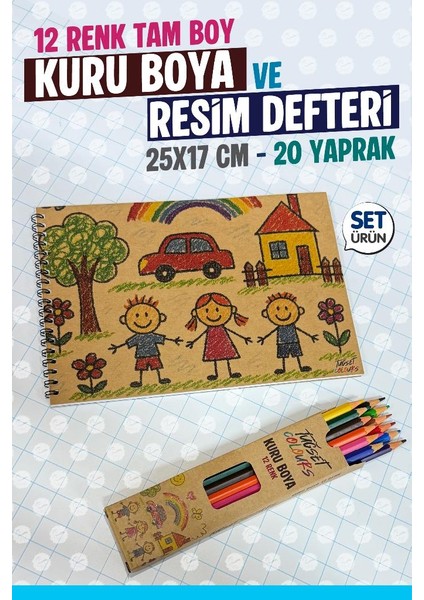 12 Renk Tam Boy Kuru Boya ve Resim Defteri Boyama Seti -Anaokulu Kreş Ilkokul Etkinlik -T1379