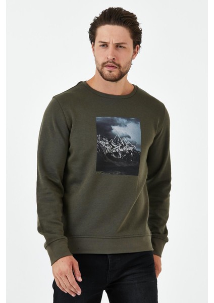 Erkek Kışlık Baskılı Bisiklet Yaka Lacivert Sweatshirt