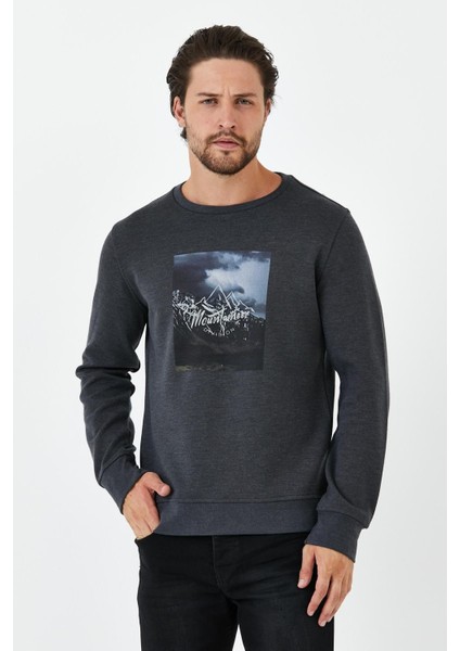 Erkek Kışlık Baskılı Bisiklet Yaka Lacivert Sweatshirt