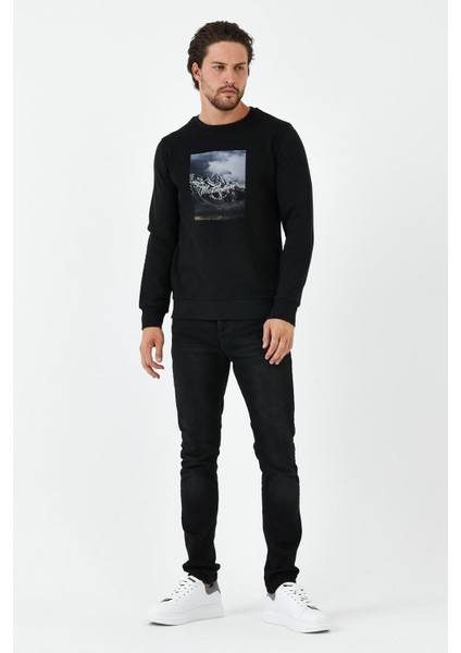 Erkek Kışlık Baskılı Bisiklet Yaka Lacivert Sweatshirt fiyatları