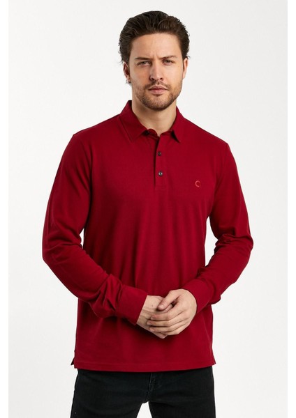 Erkek Polo Yaka Comfort Uzun Kollu Basic Vişne Tişört