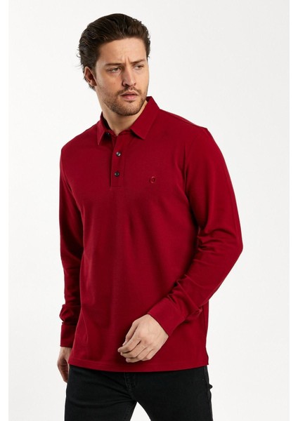 Erkek Polo Yaka Comfort Uzun Kollu Basic Vişne Tişört fırsatları