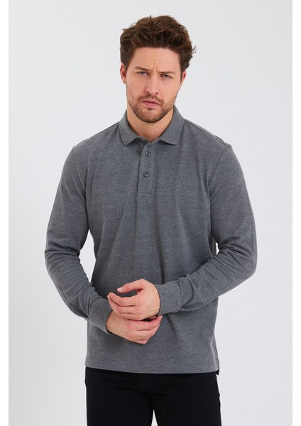 Erkek Polo Yaka Comfort Uzun Kollu Basic Vişne Tişört