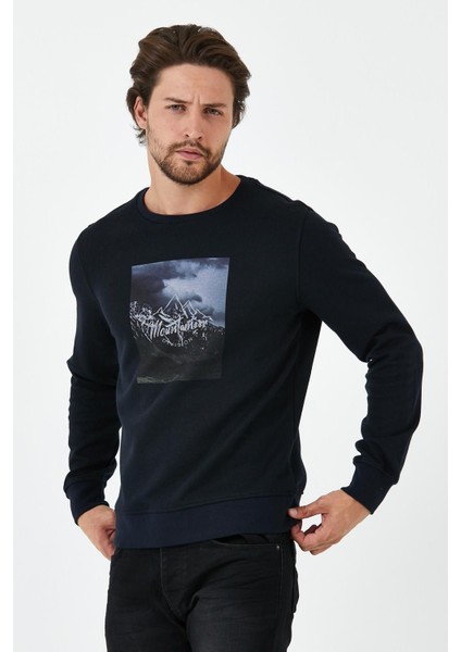 Erkek Kışlık Baskılı Bisiklet Yaka Lacivert Sweatshirt