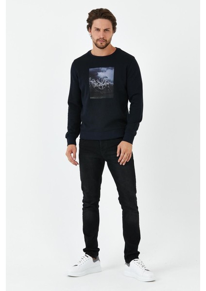 Erkek Kışlık Baskılı Bisiklet Yaka Lacivert Sweatshirt fiyatları