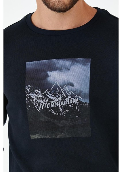 Erkek Kışlık Baskılı Bisiklet Yaka Lacivert Sweatshirt modelleri