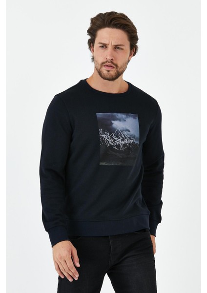 Erkek Kışlık Baskılı Bisiklet Yaka Lacivert Sweatshirt fırsatları