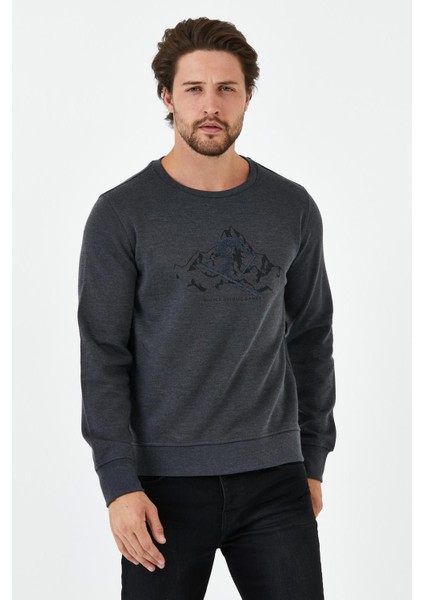 Erkek Comfort Baskılı Bisiklet Yaka Basic Antrasit Sweatshirt