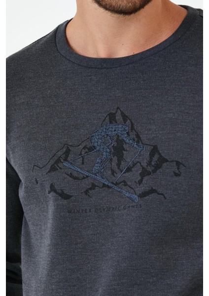 Erkek Comfort Baskılı Bisiklet Yaka Basic Antrasit Sweatshirt modelleri