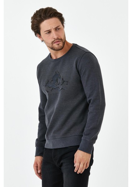 Erkek Comfort Baskılı Bisiklet Yaka Basic Antrasit Sweatshirt fırsatları