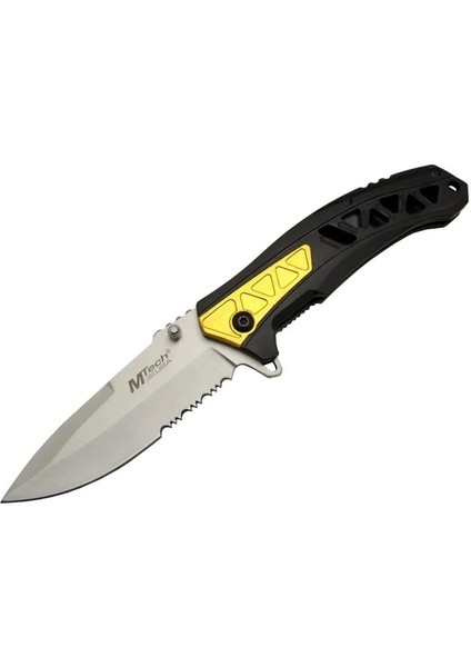 4191 Sarı Kamp Çakı 21CM - Yarı Otomatik, Kemerlikli, Testere Detaylı, Desenli Sap